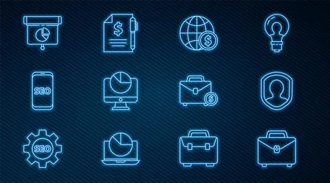 Set line Briefcase, User protection, Earth globe with dollar, Computer monitor Stock-Illustration