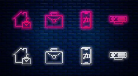 Set line Briefcase, Video camera Off on mobile, Online working and Web. Glowing Stock Illustration