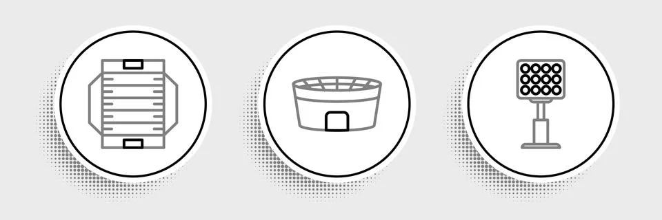 Set line Bright stadium lights, American football field and Football icon Stock Illustration