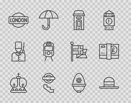 Set line British crown, Elegant women hat, London phone booth, underground,.. Stock Illustration