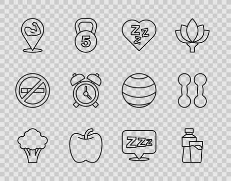 Set line Broccoli, Bottle of water with glass, Sleepy, Apple, Bodybuilder m.. イラスト素材