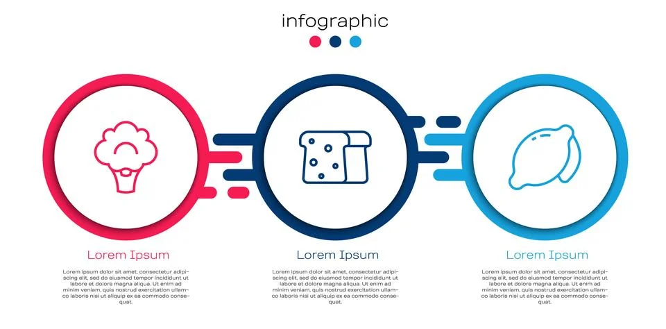 Set line Broccoli, Bread toast and Lemon. Business infographic template. Vect Stock Illustration