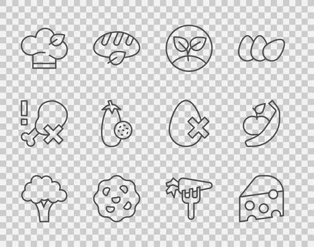 Set line Broccoli, Cheese, Sprout, Cookie or biscuit, Vegan food diet, Eggp.. Illustrazione stock