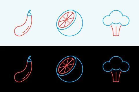 Set line Broccoli, Eggplant and Orange fruit icon. Vector Stock Illustration