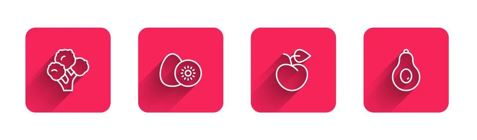 Set line Broccoli, Kiwi fruit, Peach or nectarine and Avocado with long sha.. Stock Illustration