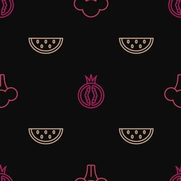 Set line Broccoli, Watermelon and Tomato on seamless pattern. Vector Illustrazione stock