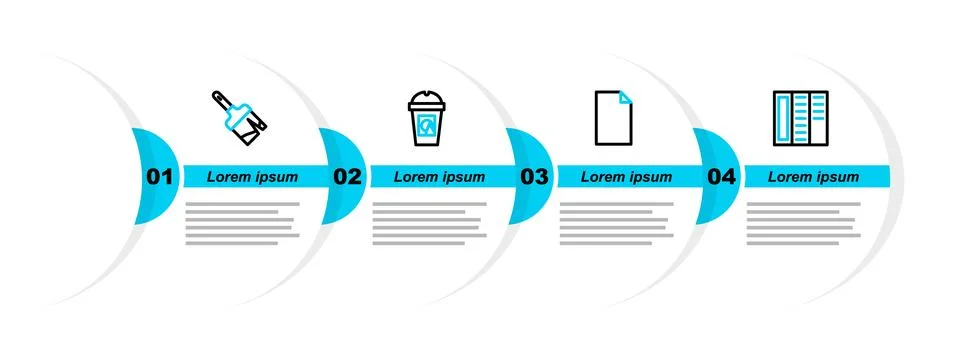 Set line Brochure, Empty document, Coffee cup to go and Paint brush icon. V.. Stock Illustration