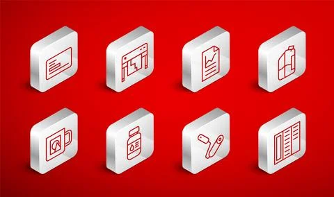 Set line Brochure, Plotter, Document with graph chart, Printer ink bottle, .. Illustrazione stock