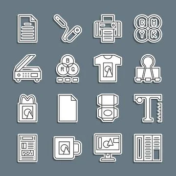 Set line Brochure, Text, Binder clip, Printer, RGB color mixing, Scanner, F.. Stock Illustration