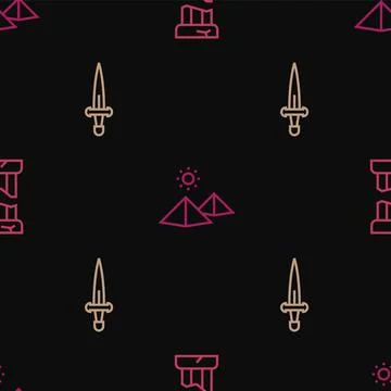 Set line Broken ancient column, Dagger and Egypt pyramids on seamless pattern Stock Illustration
