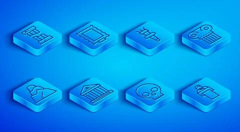 Set line Broken ancient column, Picture, Torch flame, Museum building, Human Ilustración de archivo