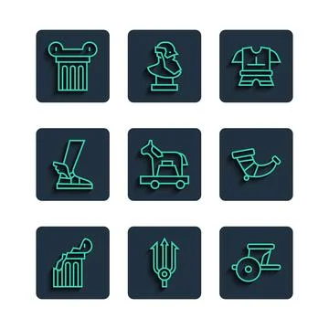 Set line Broken ancient column, Neptune Trident, Ancient chariot, Body armor Ilustración de archivo