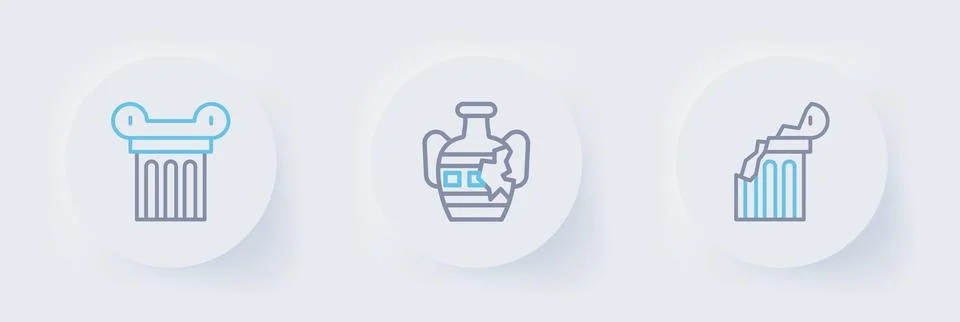 Set line Broken ancient column, amphorae and Ancient icon. Vector Stock Illustration