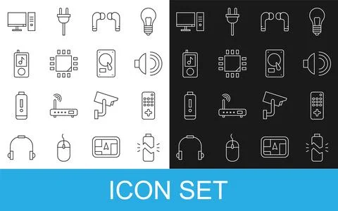 Set line Broken battery, Remote control, Speaker volume, Air headphones, Pr.. Stock Illustration