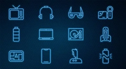 Set line Broken battery, Telephone, Smart glasses, Laptop, Battery charge l.. Stock Illustration