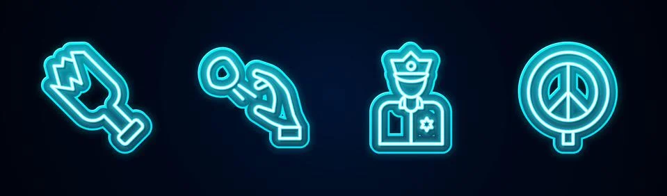 Set line Broken bottle as weapon, Hooligan shooting stones, Police officer and Stock Illustration