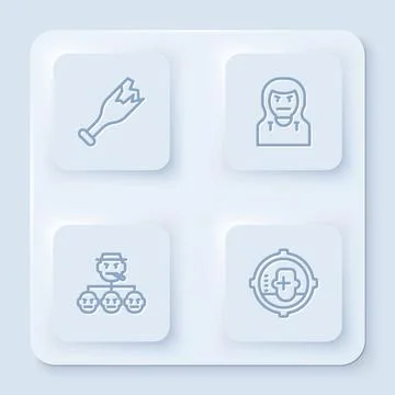 Set line Broken bottle as weapon, Thief mask, Mafia and Headshot. White square Illustrazione stock
