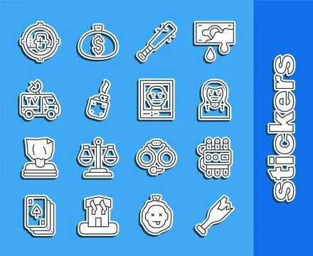 Set line Broken bottle as weapon, Dynamite and timer clock, Thief mask, Bas.. Stock Illustration