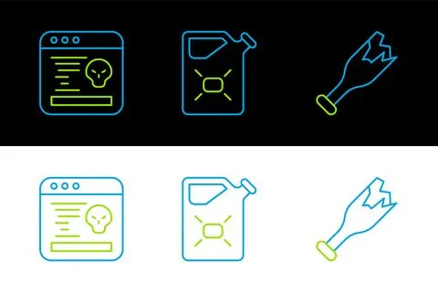Set line Broken bottle as weapon, System bug and Canister fuel icon. Vector Stockillustratie
