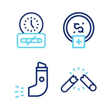 Set line Broken cigarette, Inhaler, Stop smoking, money saving and No time icon Stock Illustration