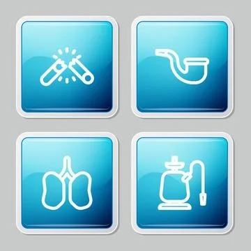 Set line Broken cigarette, No pipe smoking, Lungs and Hookah icon. Vector Stockillustratie