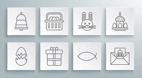 Set line Broken egg, Basket with easter eggs, Gift box, Christian fish, Greeting Stock Illustration