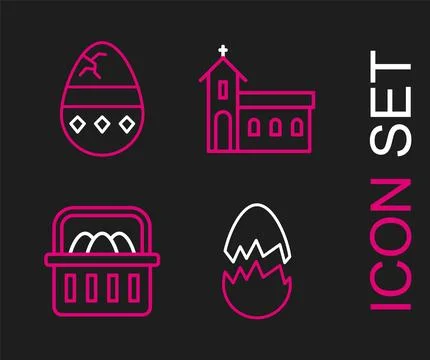 Set line Broken egg, Basket with easter eggs, Church building and Cracked icon Stock Illustration