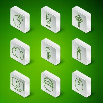 Set line Broken egg, Basket with easter eggs, Human head christian cross, F.. Stock Illustration