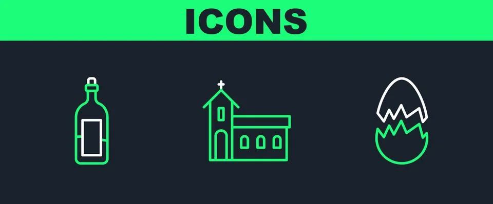 Set line Broken egg, Bottle of wine and Church building icon. Vector Ilustración de archivo