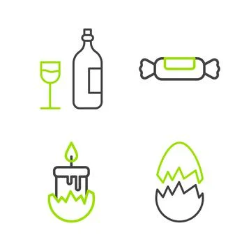 Set line Broken egg, Burning candle, Candy and Wine bottle with glass icon. V Stock Illustration