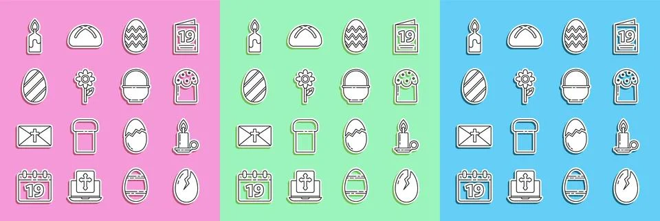 Set line Broken egg Burning candle in candlestick Easter cake Flower and Bask Illustrazione stock