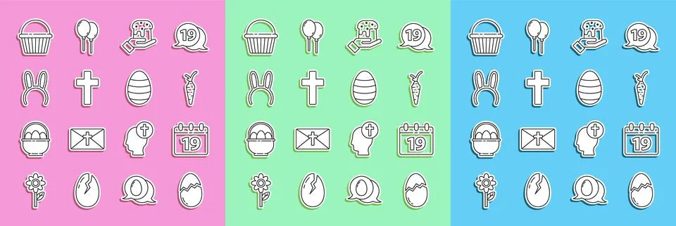 Set line Broken egg, Calendar with Happy Easter, Carrot, Human hand and easter Stock Illustration