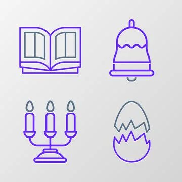 Set line Broken egg Candelabrum with candlesticks Ringing bell and Holy bible Stock Illustration
