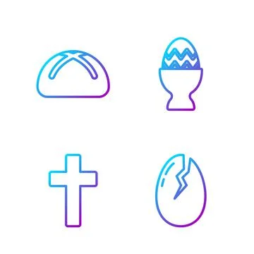 Set line Broken egg, Christian cross, Easter cake and Easter egg on a stand.  Stock Illustration