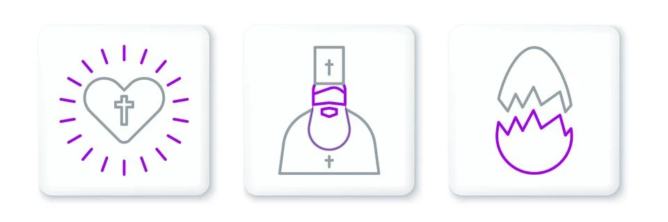 Set line Broken egg, Christian cross and heart and Priest icon. Vector Stock Illustration