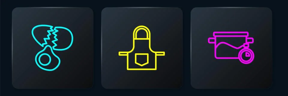Set line Broken egg, Cooking pot and Kitchen apron. Black square button. Vector Stock Illustration
