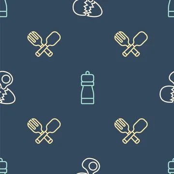 Set line Broken egg, Crossed fork and spoon and Pepper on seamless pattern Stock Illustration