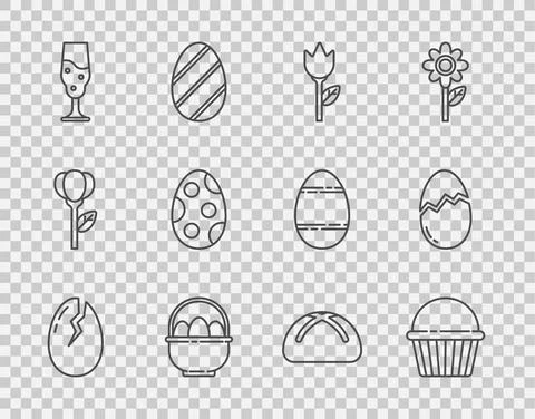 Set line Broken egg, Easter cake, Flower tulip, Basket with easter eggs, Wine Stock Illustration