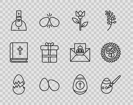 Set line Broken egg, Easter and paint brush, Flower tulip, eggs, Priest, Gi.. Stock Illustration