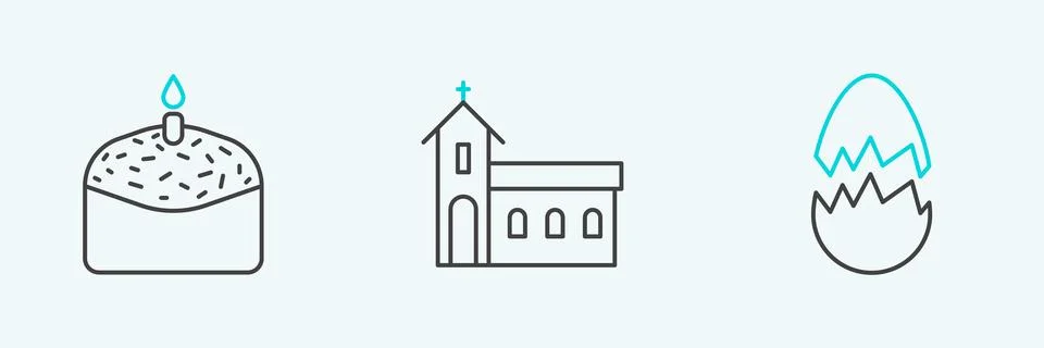 Set line Broken egg, Easter cake and candle and Church building icon. Vector Stock Illustration