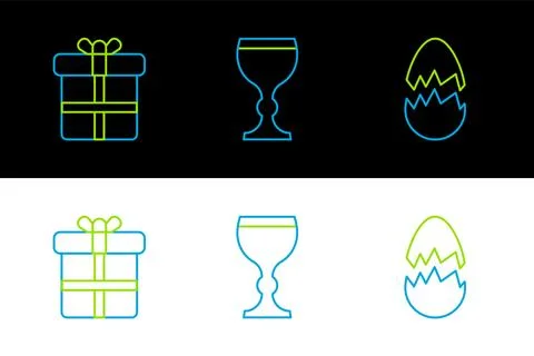 Set line Broken egg, Gift box and Wine glass icon. Vector Stock Illustration