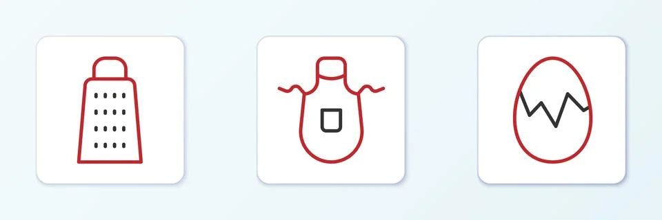 Set line Broken egg, Grater and Kitchen apron icon. Vector Stock Illustration