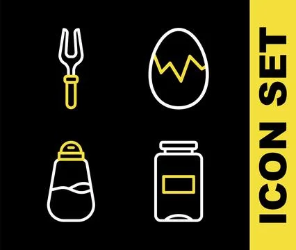 Set line Broken egg, Jam jar, Salt and Barbecue fork icon. Vector Stock Illustration