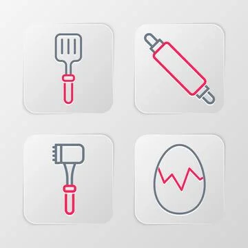 Set line Broken egg, Kitchen hammer, Rolling pin and Barbecue spatula icon Stock Illustration
