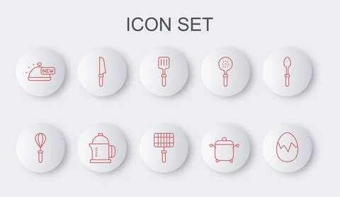 Set line Broken egg, Kitchen whisk, Barbecue spatula, Cooking pot, Covered .. Stock Illustration