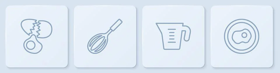 Set line Broken egg, Measuring cup, Kitchen whisk and Scrambled eggs. White s Stock Illustration