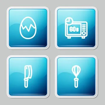 Set line Broken egg, Microwave oven, Meat chopper and Kitchen whisk icon. Vector Illustrazione stock