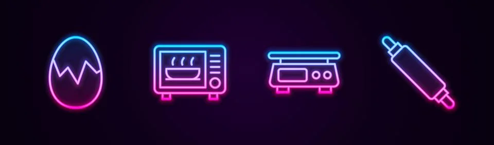 Set line Broken egg, Microwave oven, Electronic scales and Rolling pin. Glowing Stock Illustration