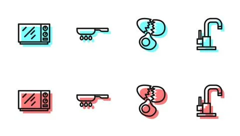 Set line Broken egg, Microwave oven, Frying pan and Water tap icon. Vector Stock Illustration