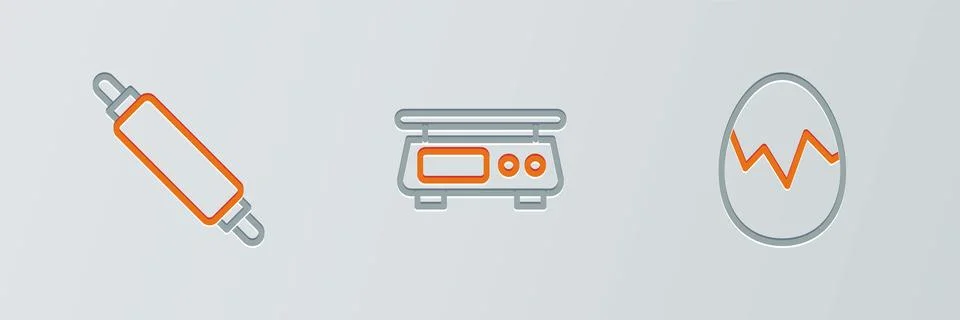 Set line Broken egg, Rolling pin and Electronic scales icon. Vector Stock Illustration